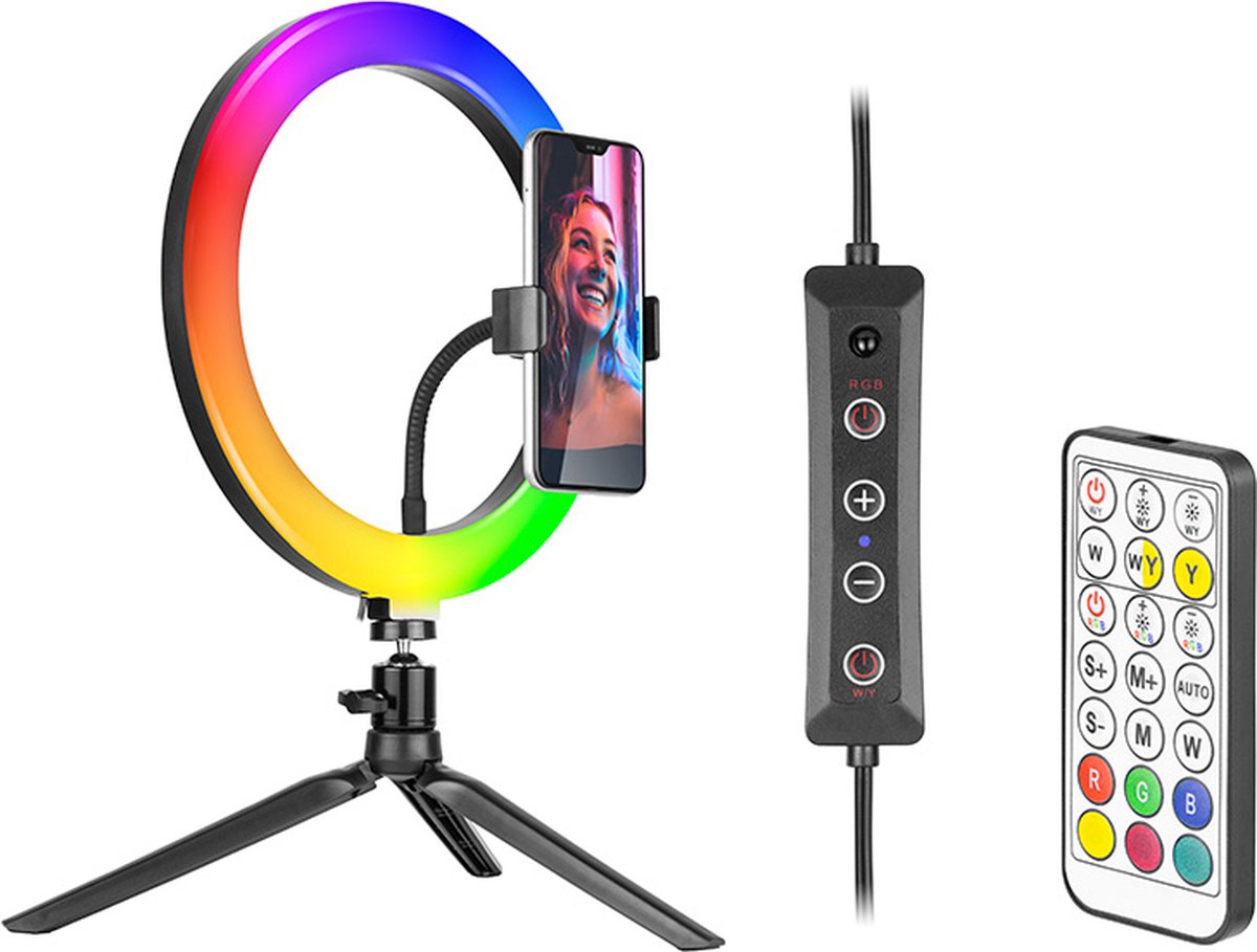 Ringlamp met Tripod - 26 cm - RGB verlichting - Verschillende kleuren - 9cm hoogte