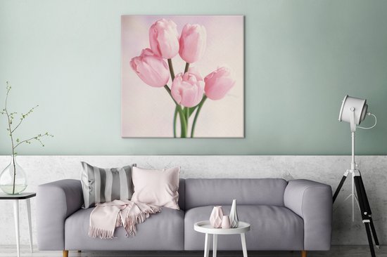 Tableau sur toile Gros plan de tulipes roses - 90x90 cm - Décoration murale Art
