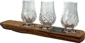 Vintage houder en 3 Glencairn whiskyglazen serie CUT - Houder in Schotland gemaakt van oude whiskyvaten