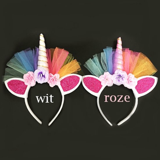 Twee eenhoorn diadeems, één witte met 'wit' en één roze met 'roze'. Beide met glitteroren en bloemen.