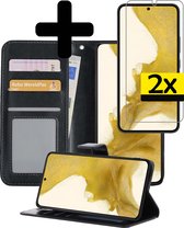 Hoesje Geschikt voor Samsung S22 Ultra Hoesje Book Case Hoes Wallet Cover Met 2x Screenprotector - Hoes Geschikt voor Samsung Galaxy S22 Ultra Hoesje Bookcase Hoes - Zwart