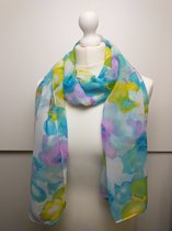 Lange dames sjaal Erica gebloemd motief blauw groen geel wit paars lila roze