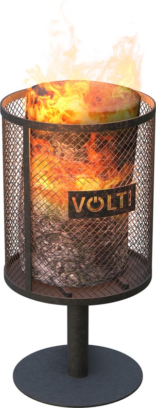 Zwarte metalen vuurkorf op voet met VOLT! logo, vlammen komen uit de top.