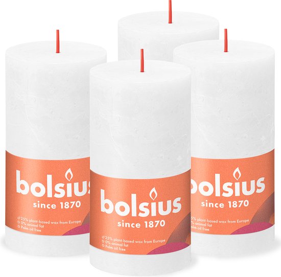 4 bougies piliers rustiques Bolsius blanches 68 (60 heures) Eco Shine Cloudy White
