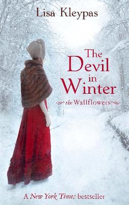 Femme en robe rouge et châle marron dans un paysage enneigé, avec le titre 'The Devil in Winter' de Lisa Kleypas.