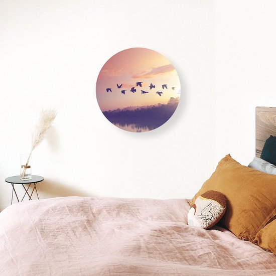 Cercle Mural Artaza Dibond - Silhouette Vogels Au Coucher Du Soleil - Ø 70 cm - Cercle Mural - Tableau Rond - Pour Intérieur et Extérieur