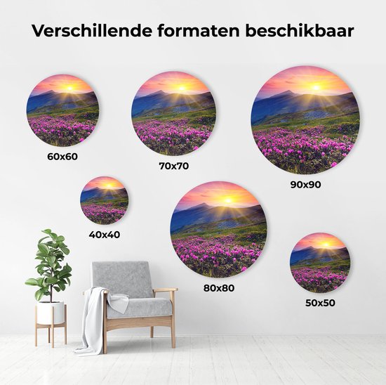 Artaza Cercle mural Dibond Champ de fleurs de rhododendrons roses - Montagnes - Ø 90 cm - Groot - Cercle mural - Peinture ronde - Pour intérieur et extérieur