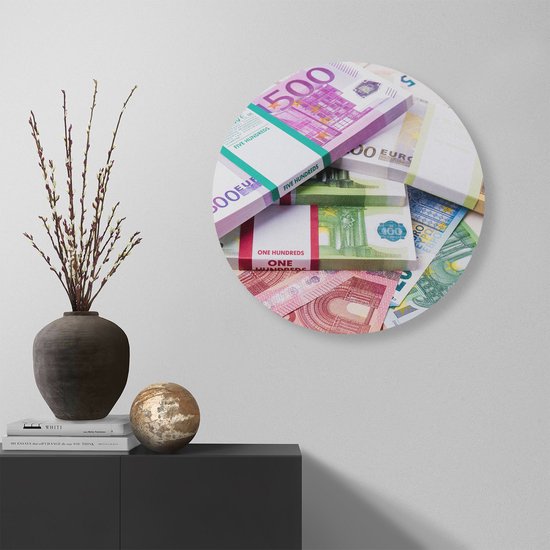 Artaza Dibond Muurcirkel Euro Geld Briefjes - Stapels  - Ø 60 cm - Wandcirkel - Rond Schilderij - Voor Binnen en Buiten