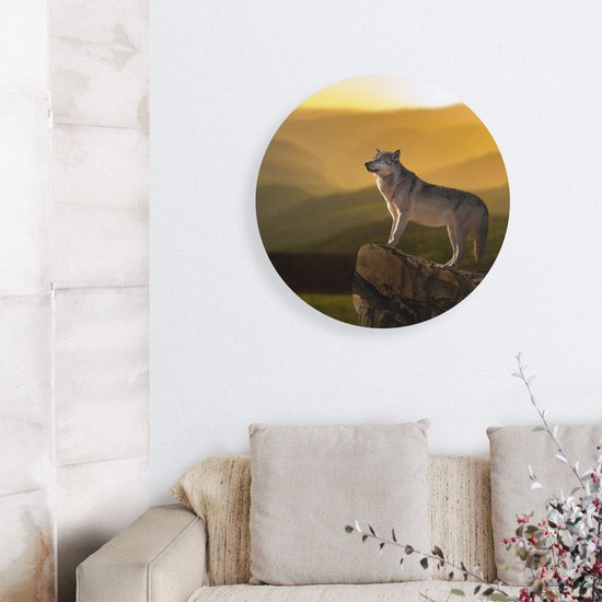 Artaza Cercle mural Dibond Loup sur un rocher avec un paysage de colline - Ø 60 cm - Cercle mural - Peinture ronde - Pour intérieur et extérieur