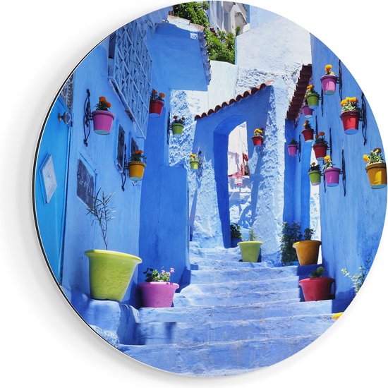 Cercle Mural Artaza Dibond - Maisons Bleues avec Pots de fleurs à Chefchaouen, Maroc - Ø 80 cm - Groot - Cercle Mural - Tableau Rond - Pour Intérieur et Extérieur