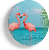 Artaza Houten Muurcirkel - Twee Flamingo's in een Hart Vorm in het Water - Ø 90 cm - Groot - Multiplex Wandcirkel - Rond Schilderij
