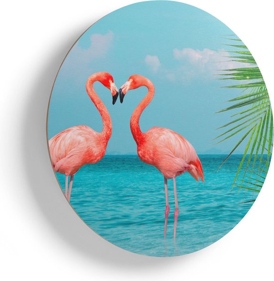 Artaza Muurcirkel - Twee Flamingo's in een Hart Vorm in het Water - Wandcirkel - Rond Schilderij