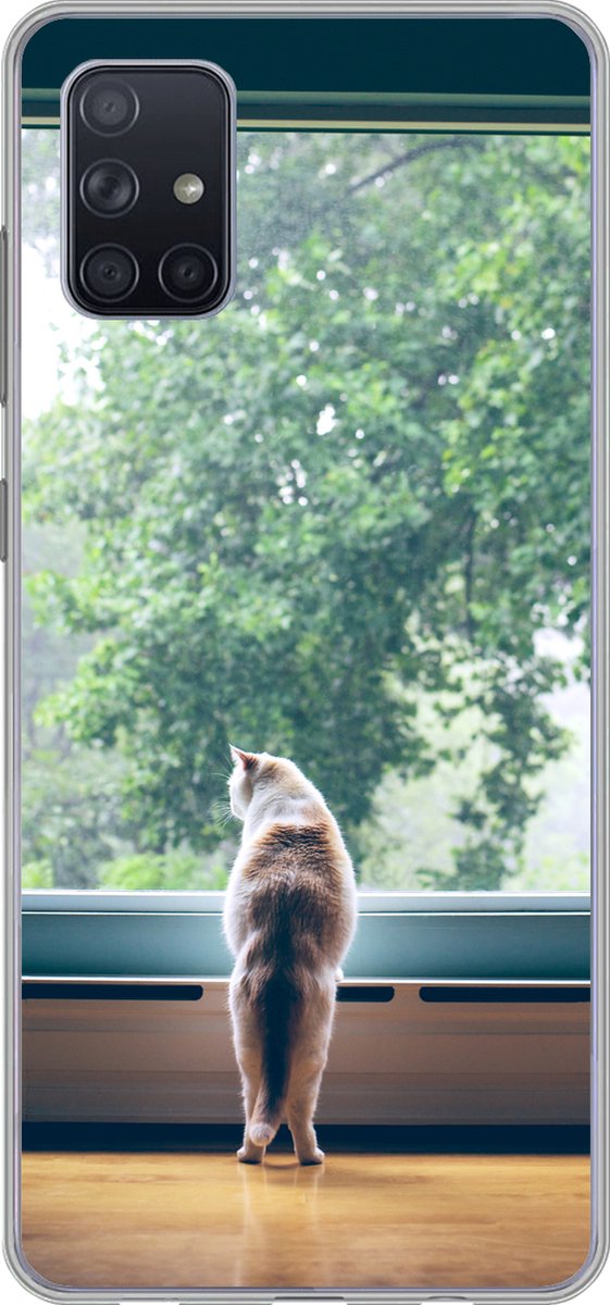 Telefoonhoesje Geschikt voor Samsung Galaxy A71 hoesje - Kat - Raam - Planten - Siliconen Telefoonhoesje Telefoonhoesje
