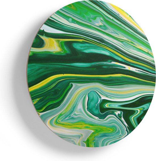 Artaza Muurcirkel - Abstracte Kunst - Groen met Gele Verf - Wandcirkel - Rond Schilderij