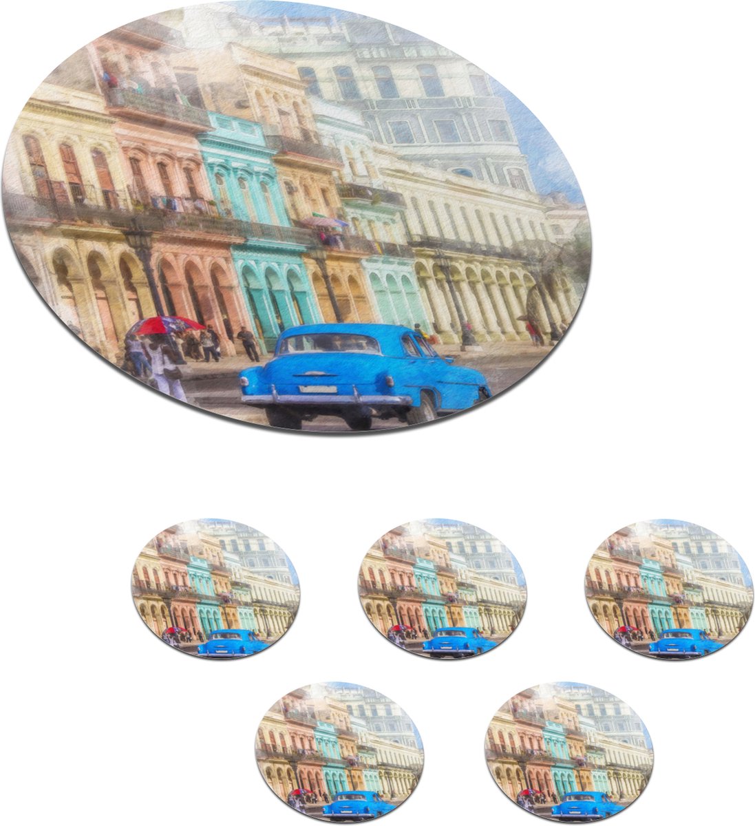 Onderzetters voor glazen - Rond - Cuba - Havana - Oldtimer - 10x10 cm - Glasonderzetters - 6 stuks