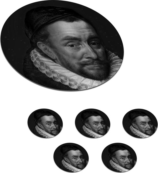 Sous-verres pour verres - Rond - Portrait de Guillaume Ier - Adriaen Thomasz - Zwart - Wit - 10x10 cm - Sous-verres en verre - 6 pièces