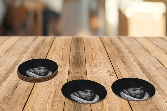 Sous- Sous-verres pour verres - Ronds - Willem I - Adriaen Thomasz - Zwart - Wit - 10x10 cm - Sous-verres - 6 pièces