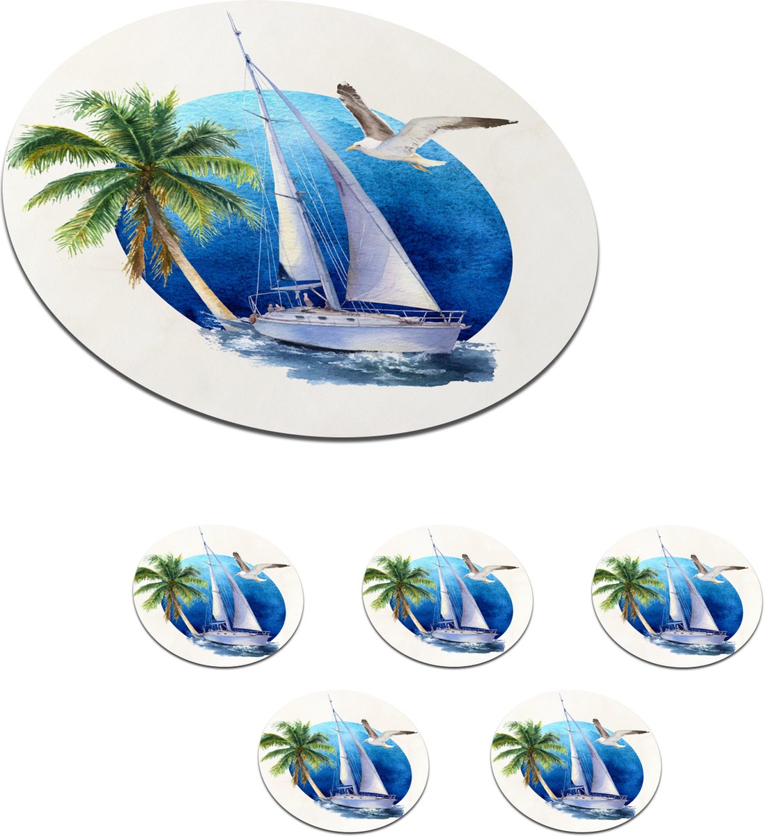 Onderzetters voor glazen - Rond - Zeilboot - Vogel - Zee - 10x10 cm - Glasonderzetters - 6 stuks
