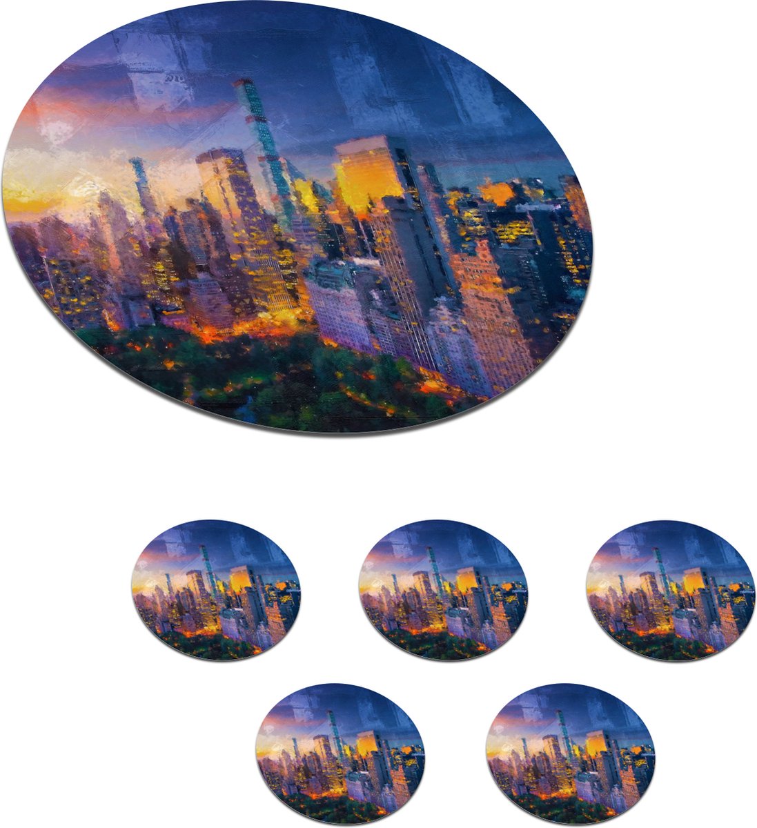 Onderzetters voor glazen - Rond - New York - Zonsondergang - Schilderij - 10x10 cm - Glasonderzetters - 6 stuks