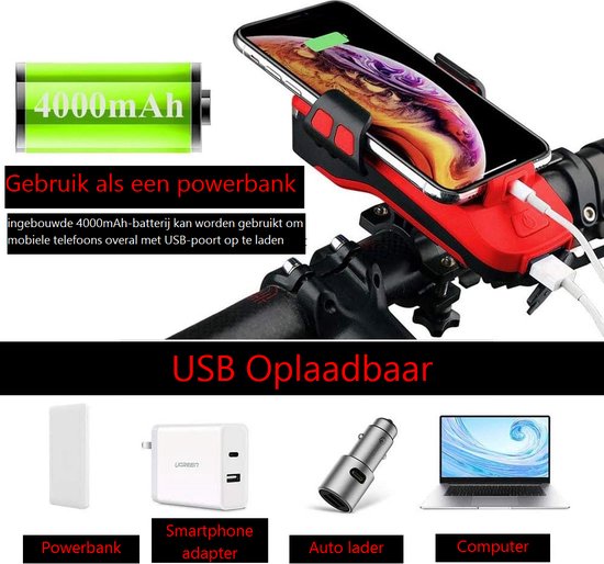 Pro Sport Lights Koplamp 550Lumen - Telefoonhouder fiets met Powerbank - Fietslicht USB Oplaadbaar - met hoorn — afbeelding 4