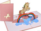 Popcards popupkaarten - Witte eenhoorn met kleurrijke manen springend door een regenboog unicorn paard pop-up kaart