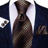 3 Delige stropdasset-Zijde- tripple bruin met dasspeld-Charme Bijoux