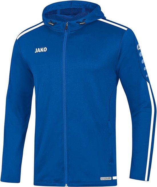 Blauwe trainingsjas met capuchon, JAKO logo op de borst en witte strepen op de mouwen.