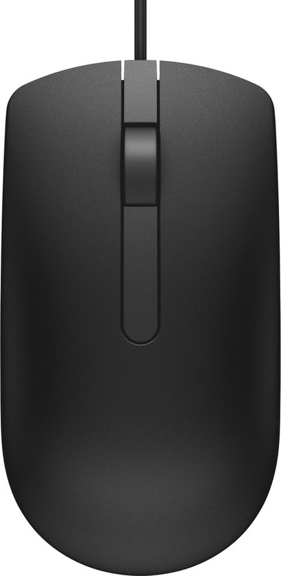 Souris optique Dell noire filaire, vue de dessus, avec molette.