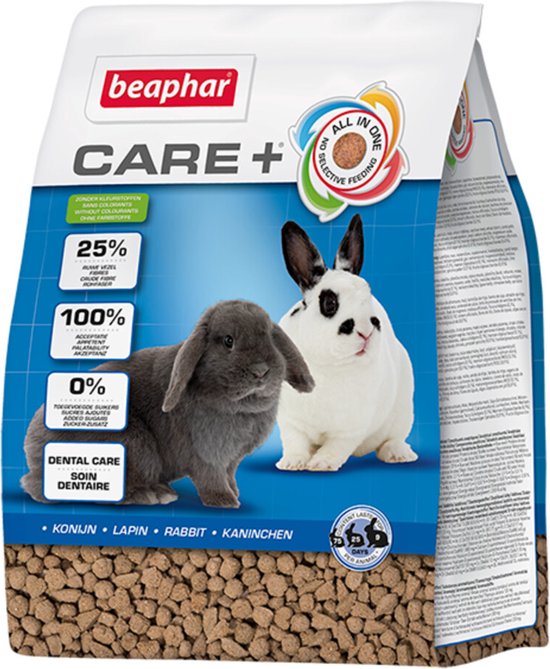 Zak Beaphar Care+ konijnenvoer met grijze en wit-zwarte konijnen. Tekst 'Dental Care' en 'All in One Selective Feeding'.
