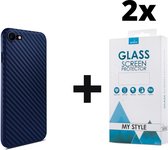 Backcase Carbon Hoesje iPhone SE (2020) Blauw - 2x Gratis Screen Protector - Telefoonhoesje - Smartphonehoesje