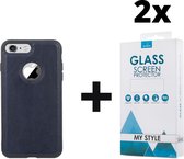 Backcase Lederen Hoesje iPhone 8 Blauw - 2x Gratis Screen Protector - Telefoonhoesje - Smartphonehoesje