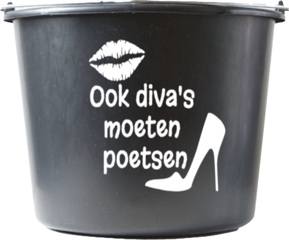 Goedkoopste Cadeau emmer – 12 liter – zwart – met tekst Ook divas moeten poetsen
