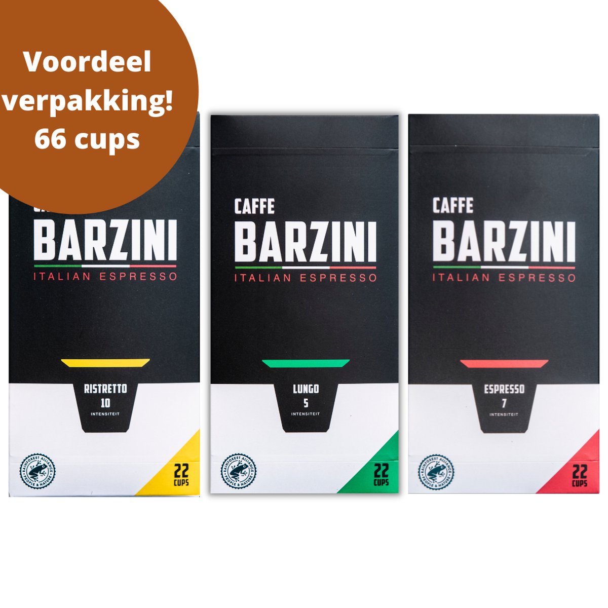 Barzini cups proefpakket - Ristretto, Lungo & Espresso Cups - 3x 22 capsules - Totaal 66 capsules - 100% Rainforest Alliance koffie cups - koffiecapsules