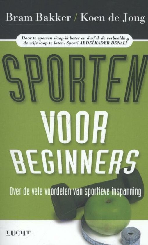 Boekomslag met de titel 'Sporten voor beginners'. Groene achtergrond met een dumbbell en een appel.