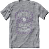 80 Jaar Legendarisch Gerijpt T-Shirt | Paars - Grijs | Grappig Verjaardag en Feest Cadeau Shirt | Dames - Heren - Unisex | Tshirt Kleding Kado | - Donker Grijs - Gemaleerd - 3XL