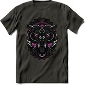 Wolf - Dieren Mandala T-Shirt | Roze | Grappig Verjaardag Zentangle Dierenkop Cadeau Shirt | Dames - Heren - Unisex | Wildlife Tshirt Kleding Kado | - Donker Grijs - 3XL