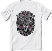 Wolf - Dieren Mandala T-Shirt | Roze | Grappig Verjaardag Zentangle Dierenkop Cadeau Shirt | Dames - Heren - Unisex | Wildlife Tshirt Kleding Kado | - Wit - XXL