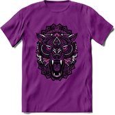 Wolf - Dieren Mandala T-Shirt | Roze | Grappig Verjaardag Zentangle Dierenkop Cadeau Shirt | Dames - Heren - Unisex | Wildlife Tshirt Kleding Kado | - Paars - S