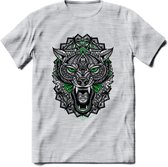 Wolf - Dieren Mandala T-Shirt | Groen | Grappig Verjaardag Zentangle Dierenkop Cadeau Shirt | Dames - Heren - Unisex | Wildlife Tshirt Kleding Kado | - Licht Grijs - Gemaleerd - XX