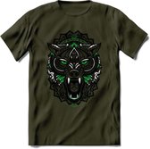 Wolf - Dieren Mandala T-Shirt | Groen | Grappig Verjaardag Zentangle Dierenkop Cadeau Shirt | Dames - Heren - Unisex | Wildlife Tshirt Kleding Kado | - Leger Groen - XXL