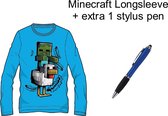 Minecraft T-shirt Longsleeve. Kleur Koningsblauw. Maat 128 cm / 8 jaar + EXTRA 1 Stylus Pen.