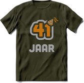 41 Jaar Feest T-Shirt | Goud - Zilver | Grappig Verjaardag Cadeau Shirt | Dames - Heren - Unisex | Tshirt Kleding Kado | - Leger Groen - S
