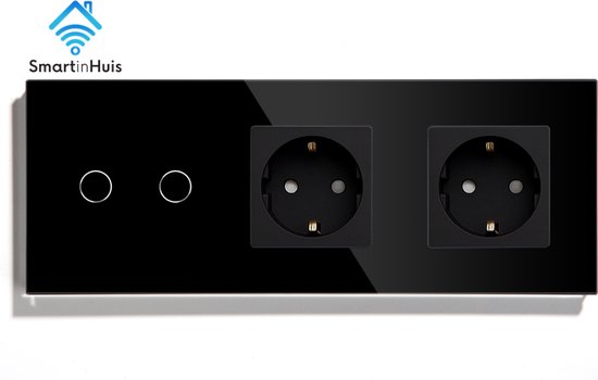 SmartinHuis - Serieschakelaar (geschikt voor 2 lampen) met tweevoudig stopcontact - Zwart