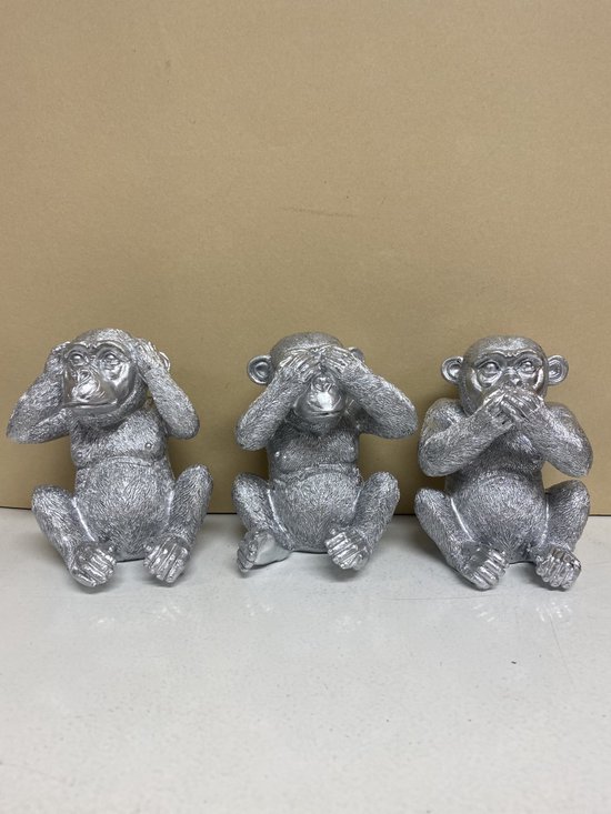 Zilveren apen " horen, zien & zwijgen" beeldjes - zilver - set van 3 - 13 cm hoog - polyresin - decoratief