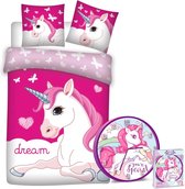 Dekbedovertrek Unicorn- roze- 1 persoons- Polyester- dekbed meisjes- 140x200 cm, incl. wandklok met Unicorn.
