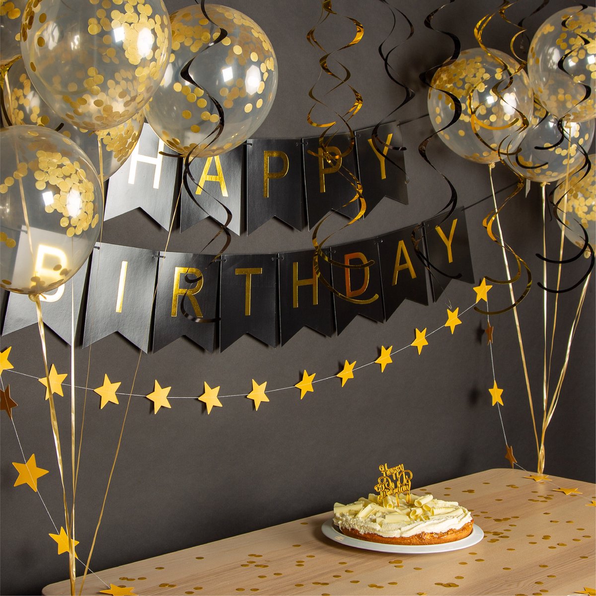Fissaly Verjaardag Slinger Zwart & Goud met Papieren Confetti Ballonnen – Decoratie – Happy Birthday — afbeelding 2