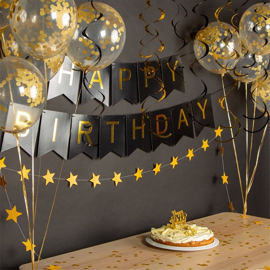 Fissaly Verjaardag Slinger Zwart & Goud met Papieren Confetti Ballonnen – Decoratie – Happy Birthday - Fissaly