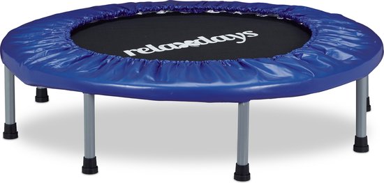 Blauwe fitness trampoline met grijze poten en de tekst 'relaxdays'.