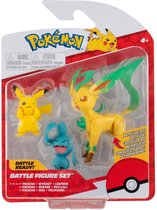 Pikachu + Wynaut + Leafeon – Pokémon Battle Feature Figure + Pokemon Balpen + 5 Pokemon Stickers | Speelgoed Actiefiguur Speelfiguur voor kinderen jongen meisjes | Speel en Knuffel met jou fa
