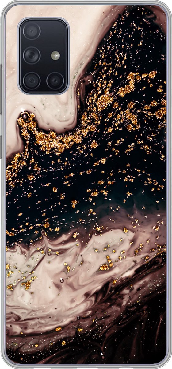 Telefoonhoesje Geschikt voor Samsung Galaxy A51 5G hoesje - Natuursteen - Goud - Zwart - Siliconen Telefoonhoesje Telefoonhoesje